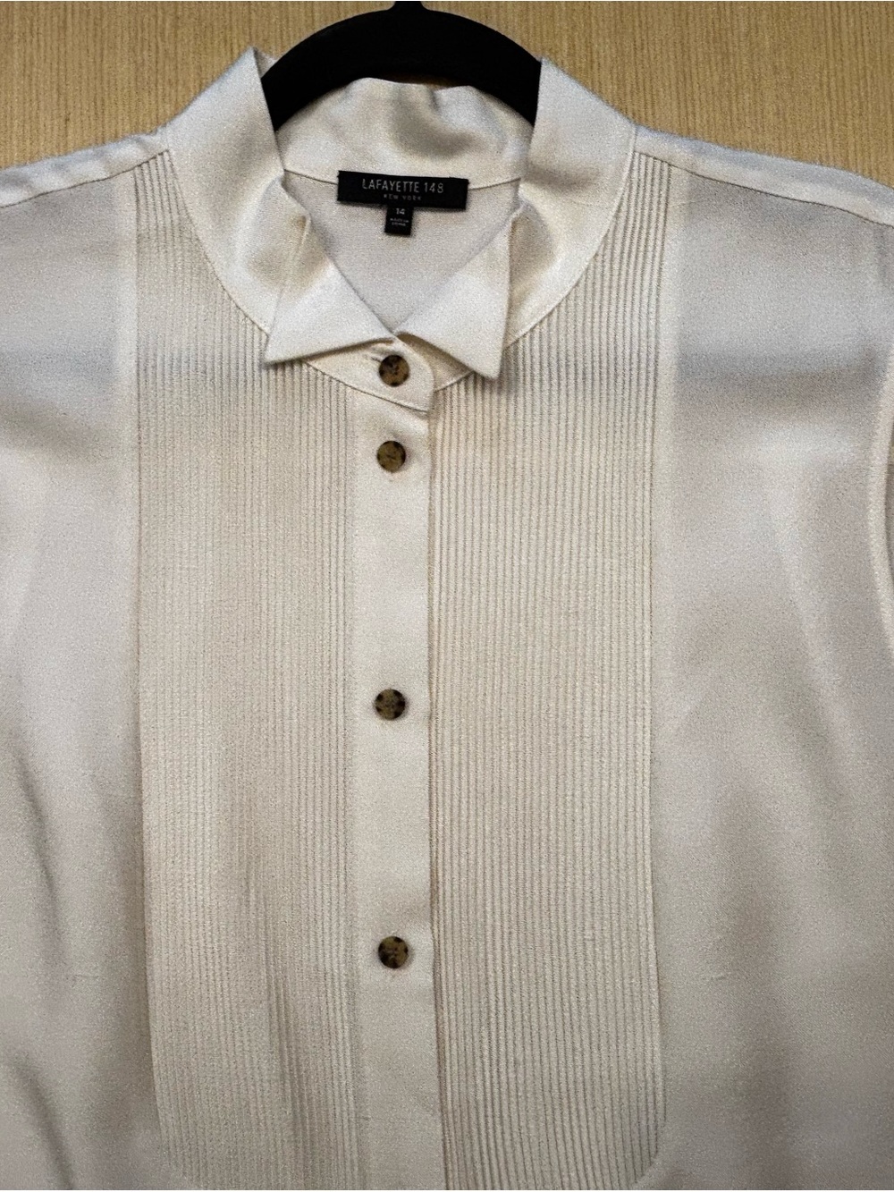 Lafayette 148 New York Silk Pleated Tuxedo Sleeveless Blouse Ivory Sz 14